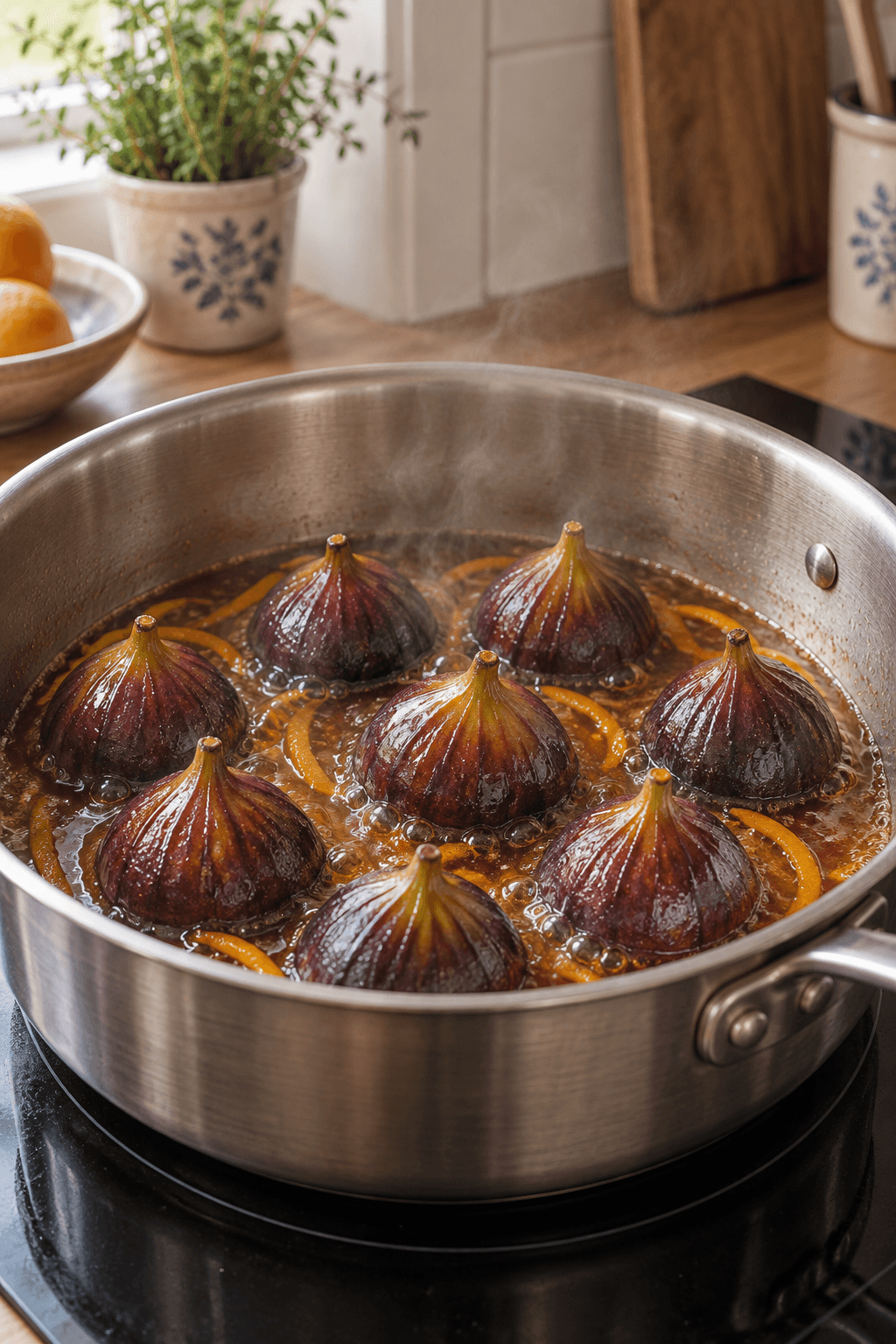 Otte hele lilla figner simrer i armagnac-appelsinlage i én bred gryde