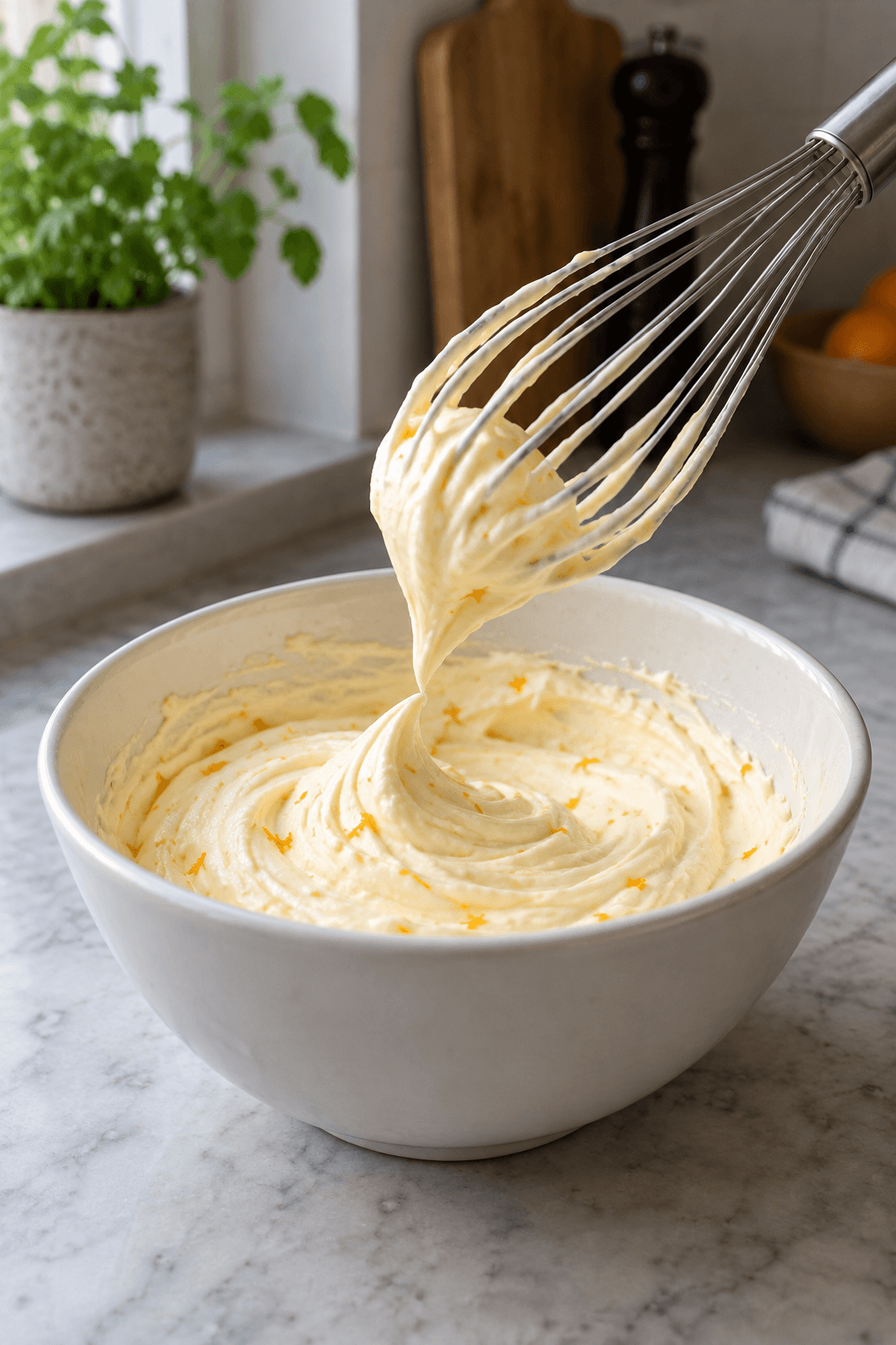 Appelsinmascarpone med fine skalstrimler danner en blød top i én hvid skål
