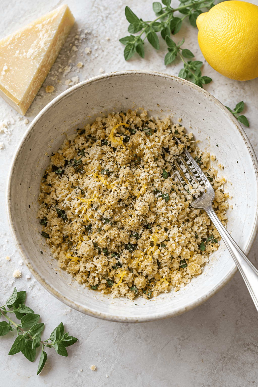 Løs brødkrumme blandes med parmesan, oregano og citronskal i én skål