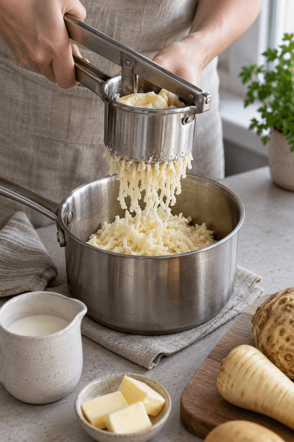Kogte kartofler, knoldselleri og pastinak presses gennem kartoffelpresser
