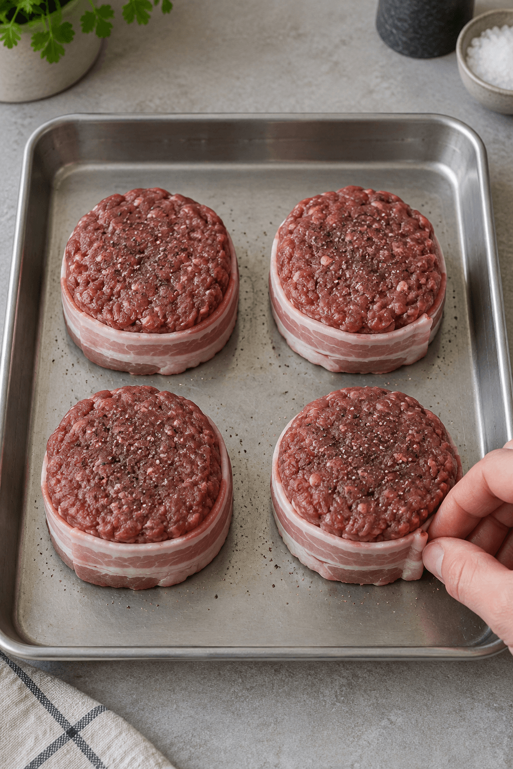 Fire hakkebøffer formes og vikles hver med én baconskive omkring kanten