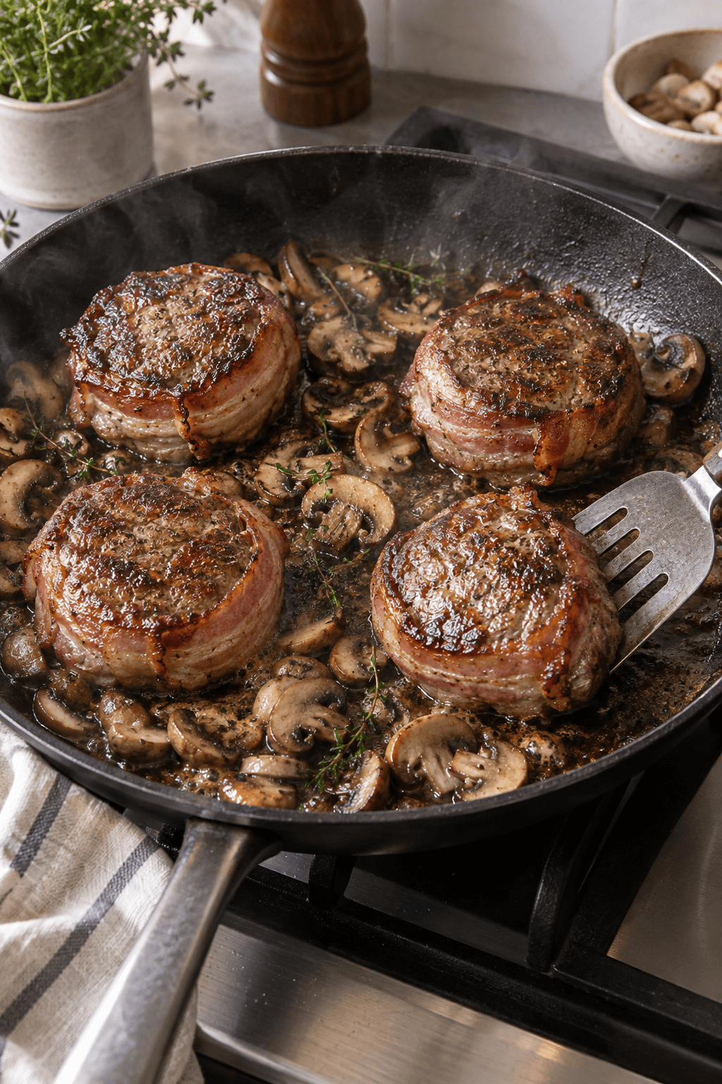 Fire baconbøffer brunes på pande sammen med champignon og timian