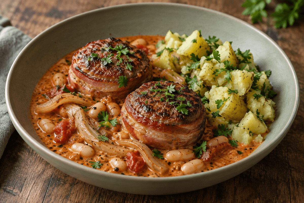 Baconbøffer i røget tomat-flødesauce med fennikel, hvide bønner og persillekartofler