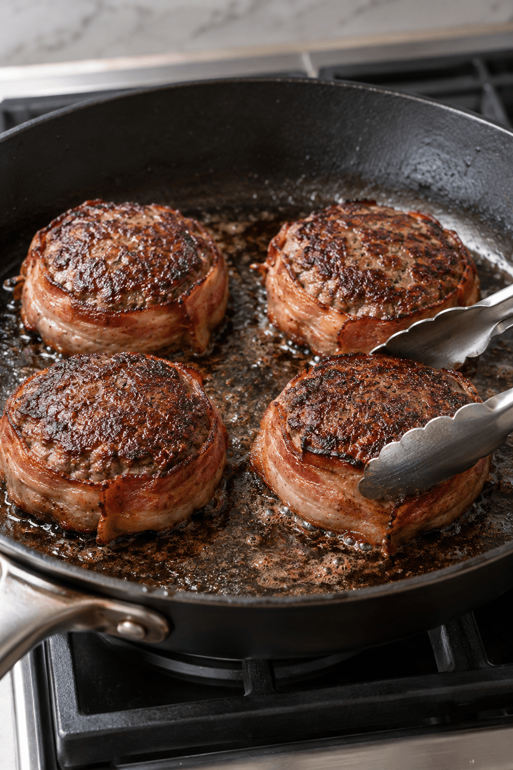 Fire baconindpakkede oksebøffer brunes i én bred pande
