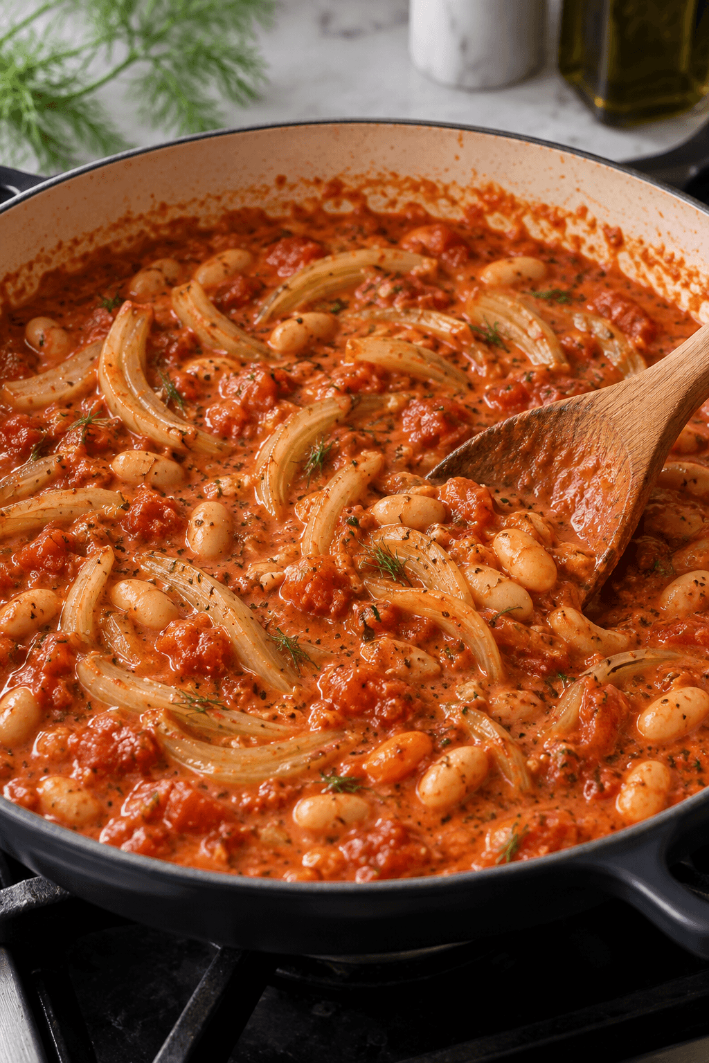Cremet tomatsauce med hvide bønner og fennikel røres i én pande