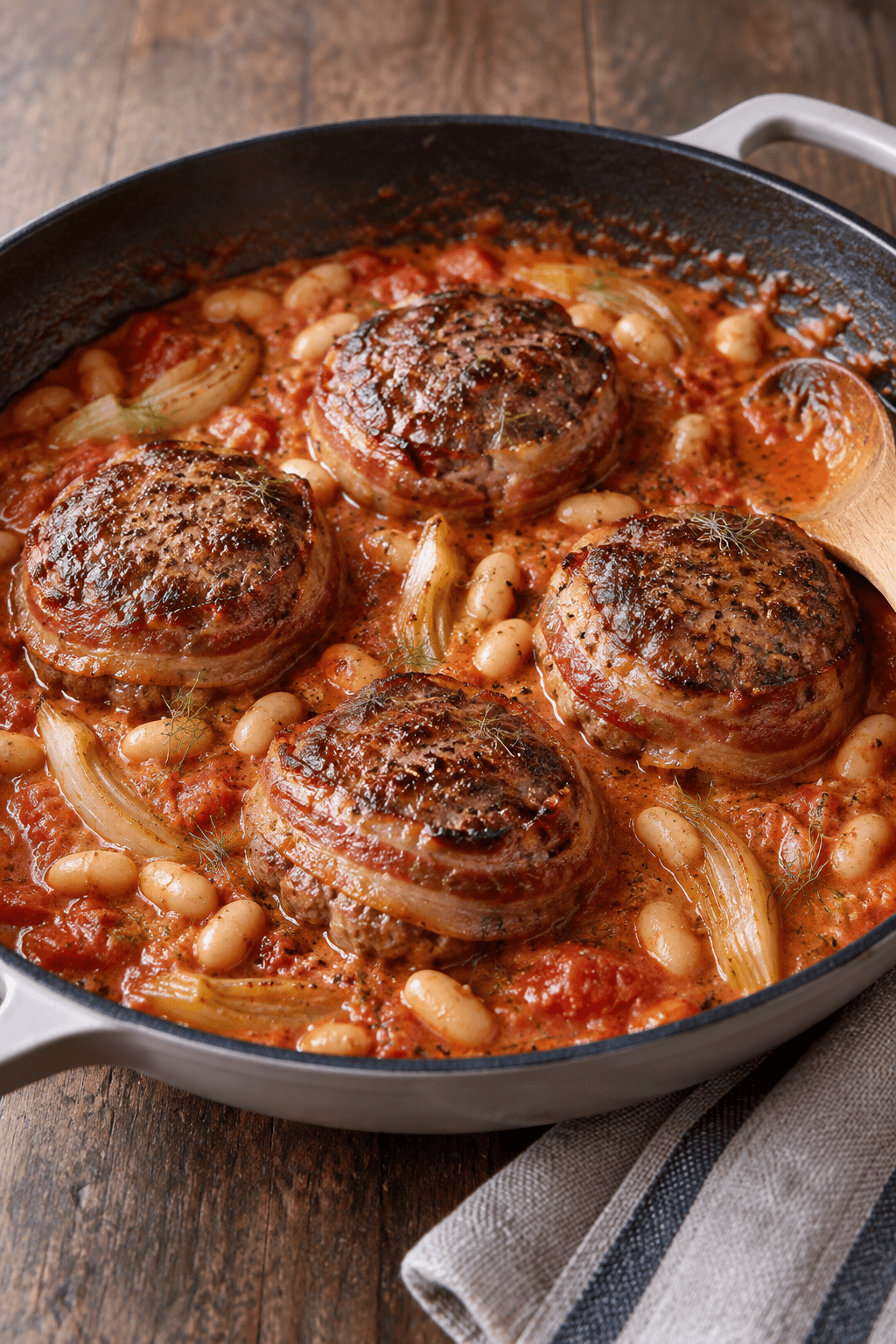 Fire baconbøffer simrer i cremet tomatsauce med bønner og fennikel