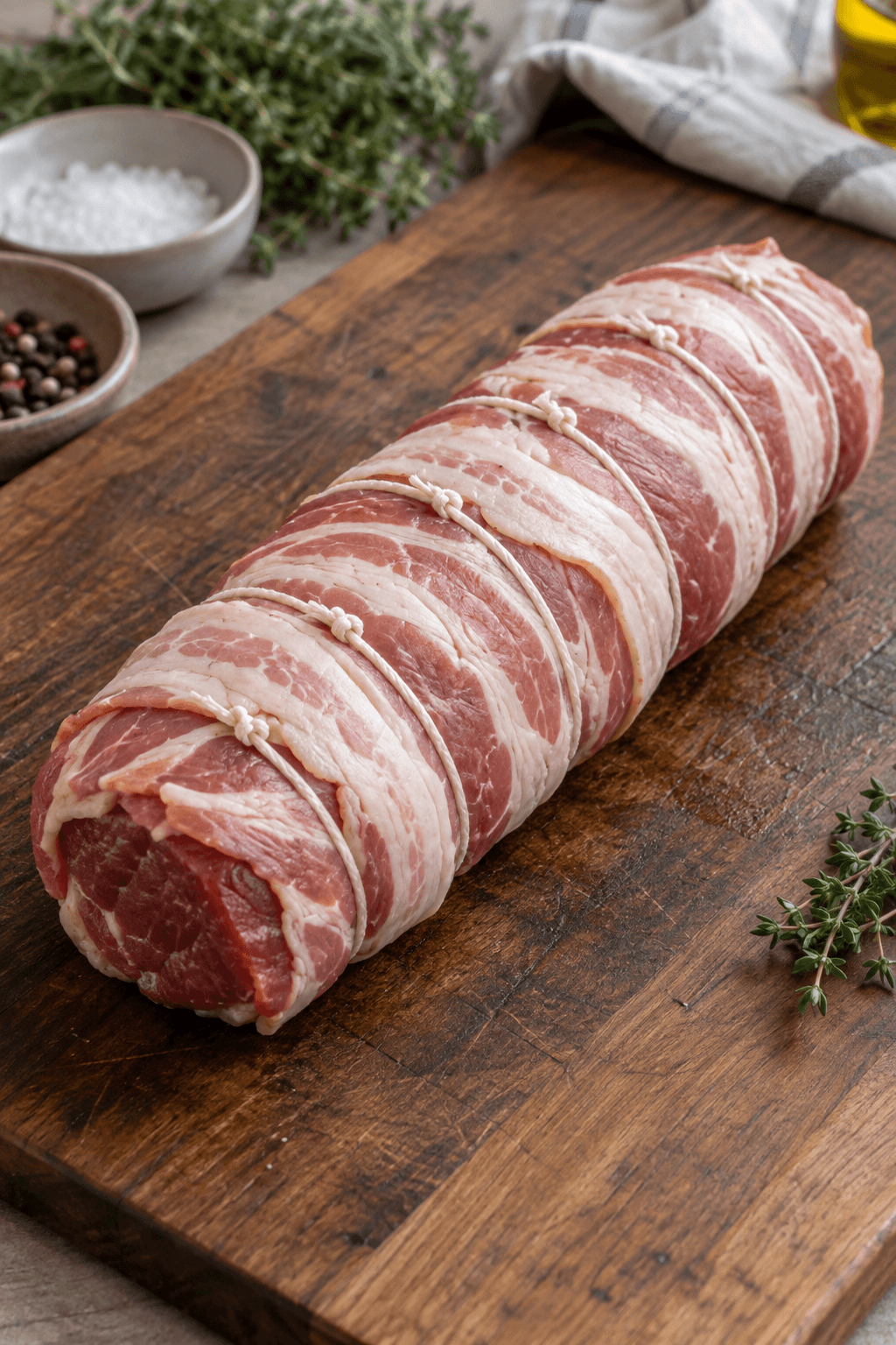 Fyldt oksemørbrad svøbes i bacon og bindes med kødsnor
