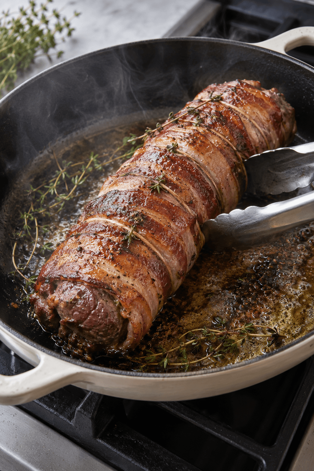 Baconsvøbt oksemørbradrulle brunes jævnt i ovnfast pande