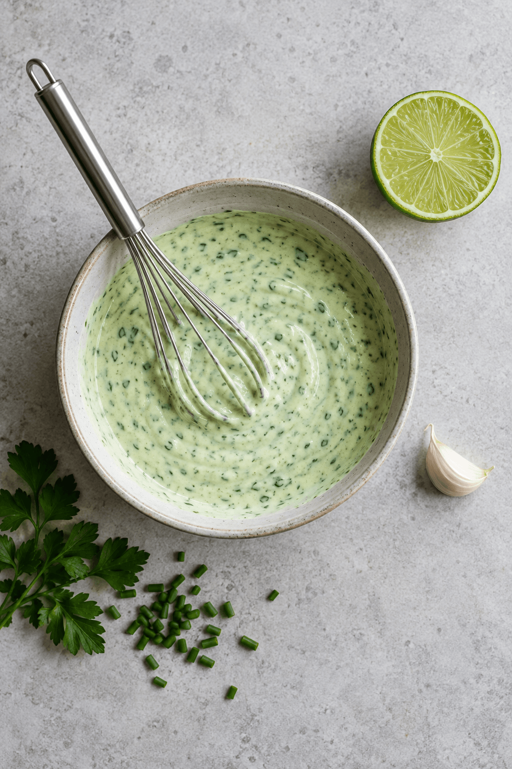 Grøn yoghurt-urtedressing piskes i én skål ved siden af lime og hvidløg