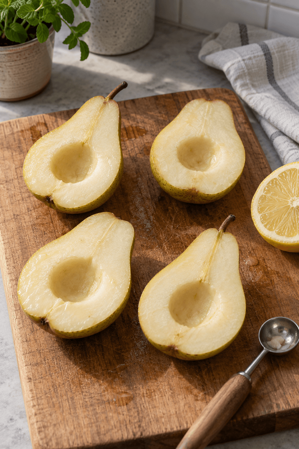 Fire pærehalvdele udhules og pensles med citron
