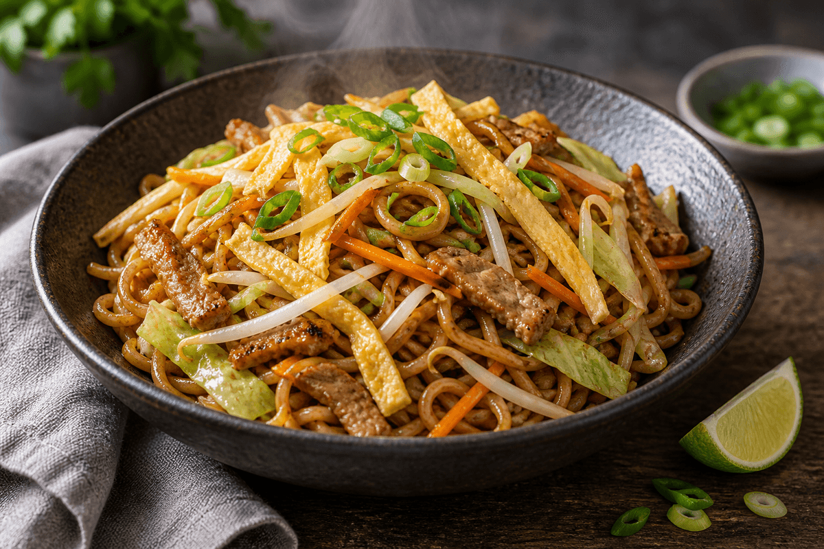 Bahmi goreng med svinekød, spidskål, gulerod, bønnespirer og ægstrimler