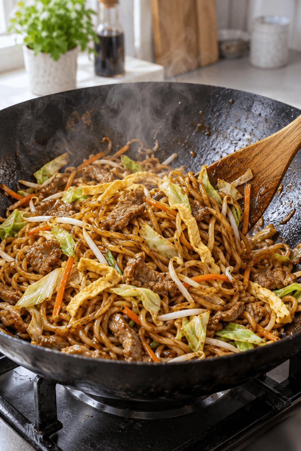 Bahmi goreng vendes blank med svinekød, grøntsager, bønnespirer og æg i én wok
