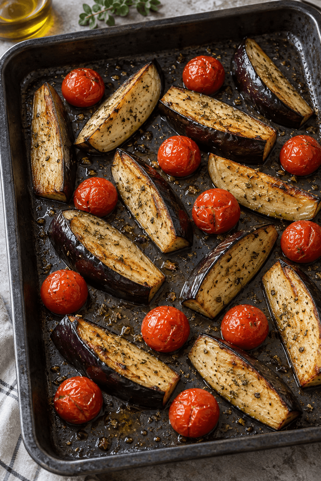 Auberginebåde og cherrytomater ristes gyldne og let blærede på bageplade