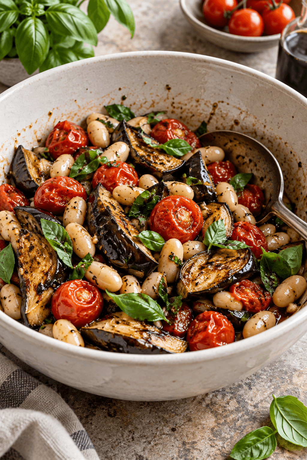 Hvide bønner vendes med ristet aubergine, cherrytomater, basilikum og balsamicodressing