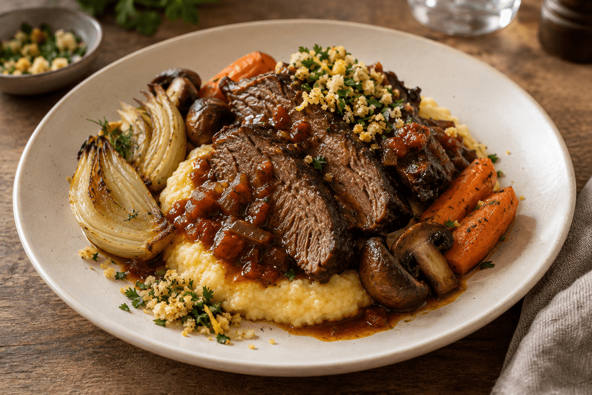 Balsamico-tomatbraiseret oksesteg med grøntsager, cremet polenta og persilleknas
