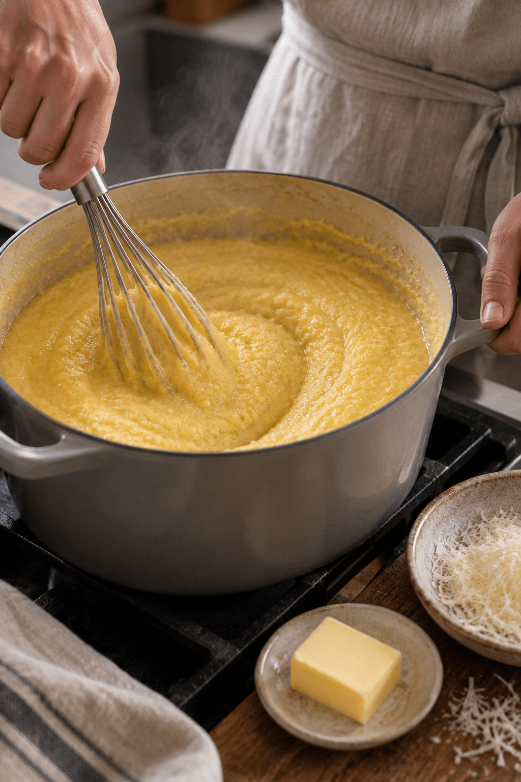 Grov polenta piskes cremet og færdiggøres med smør og parmesan