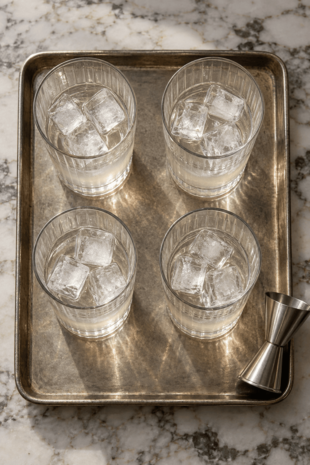Fire highballglas med klar is, vodka og lime-pebercordial på én bakke