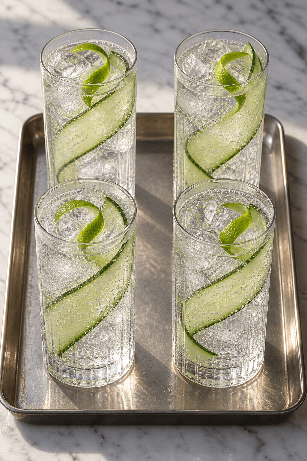 Fire færdige Big Daddy-highballs med agurk og lime på én bakke