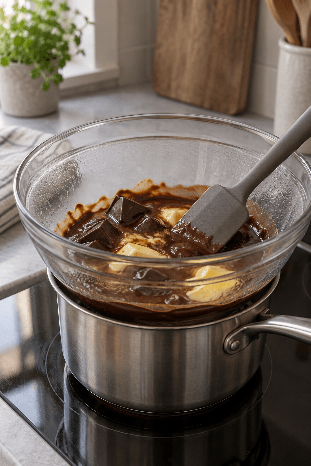Mørk chokolade og smør smeltes skånsomt i en glasskål over vandbad