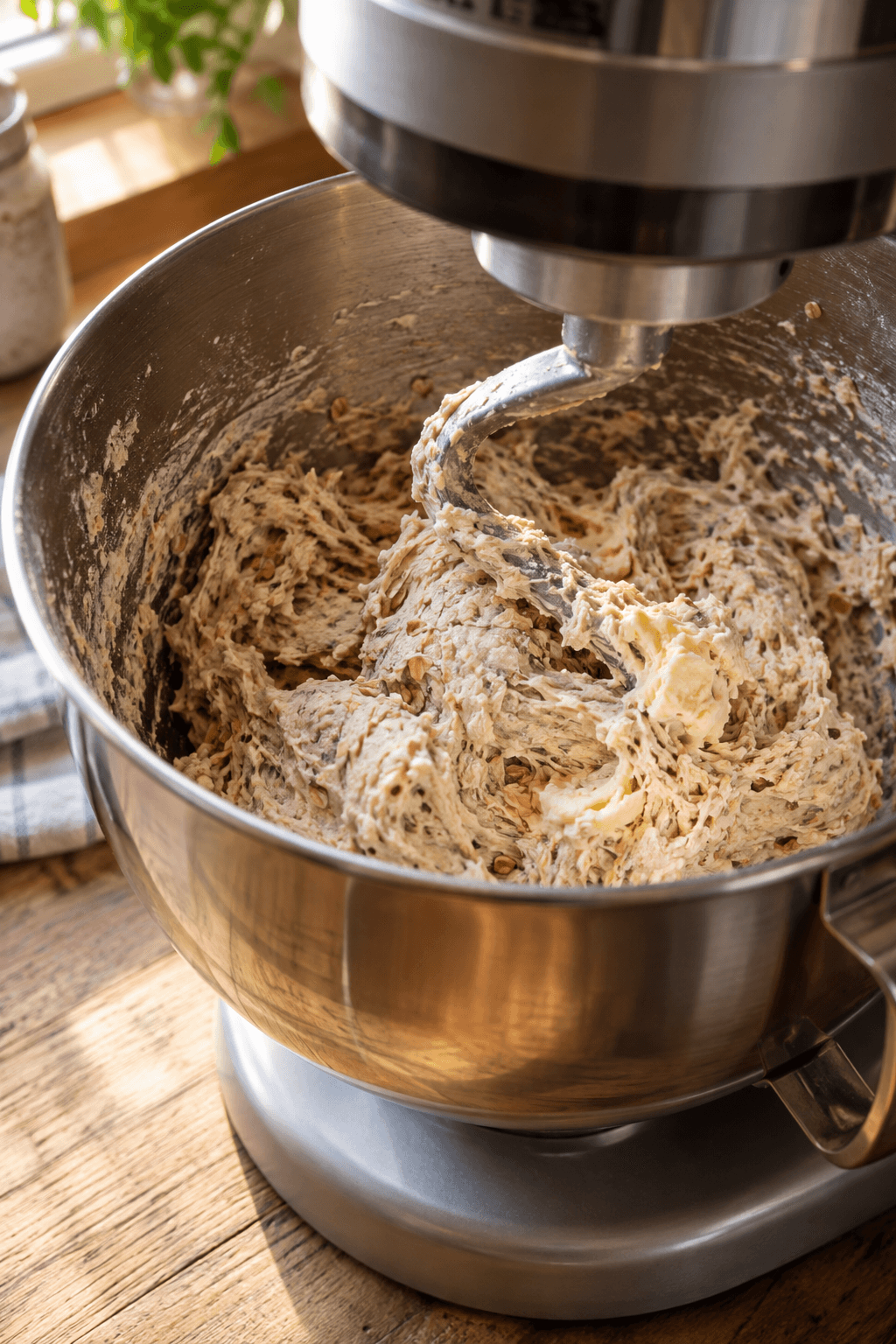 Blød bolledej med rugflager og smør æltes i én røremaskineskål