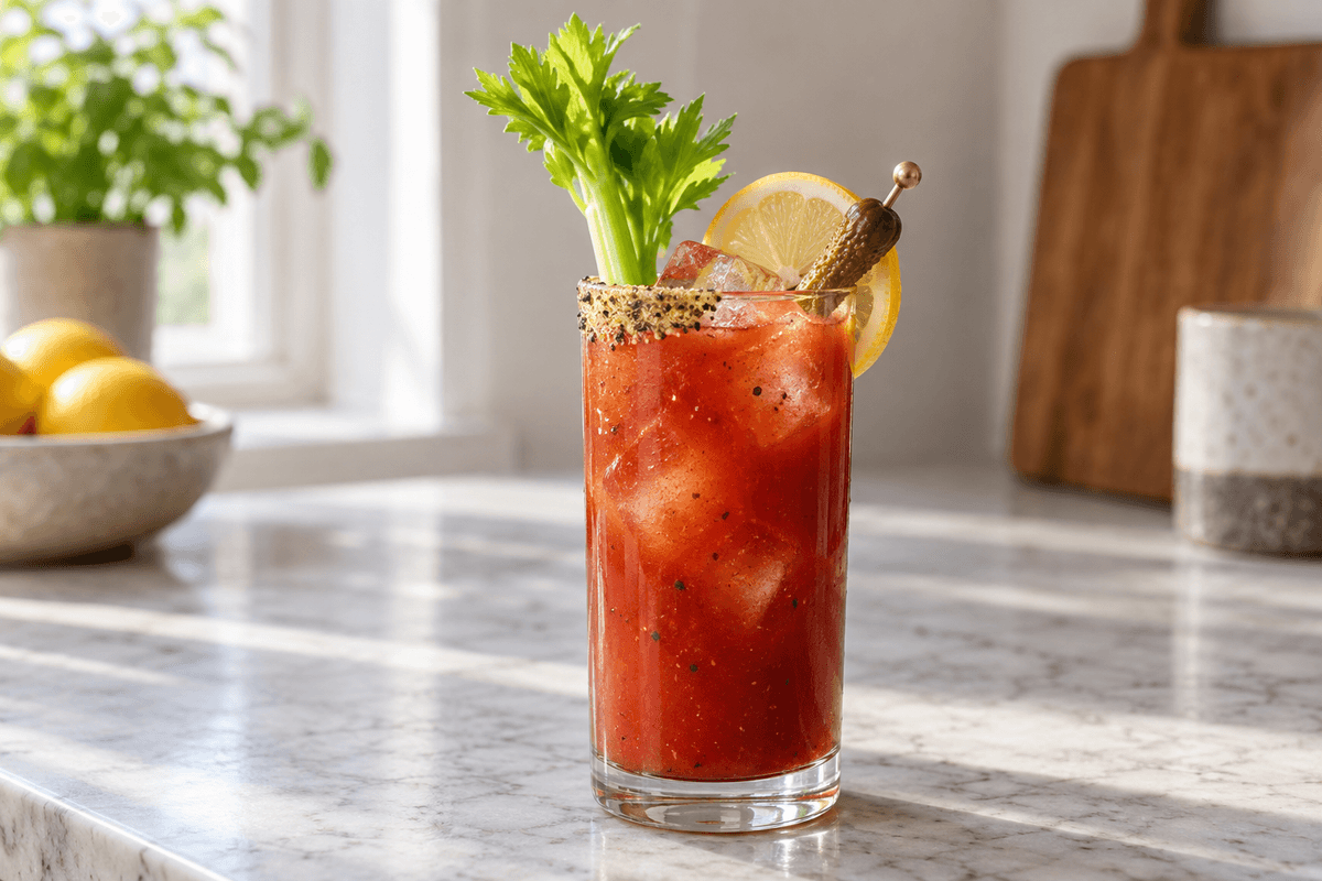 Bloody Mary med selleri, peberrod, citron, cornichon og sellerisaltkant