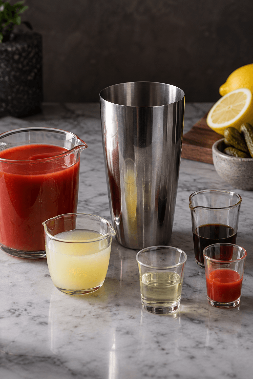 Tomatjuice, citron, Worcestershire, chili og cornichonlage måles ved én mixing tin