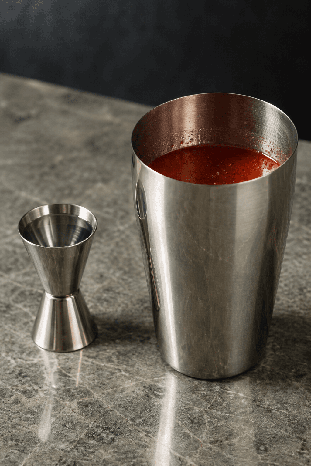 Vodka måles med jigger ved en dybrød krydret tomatbase