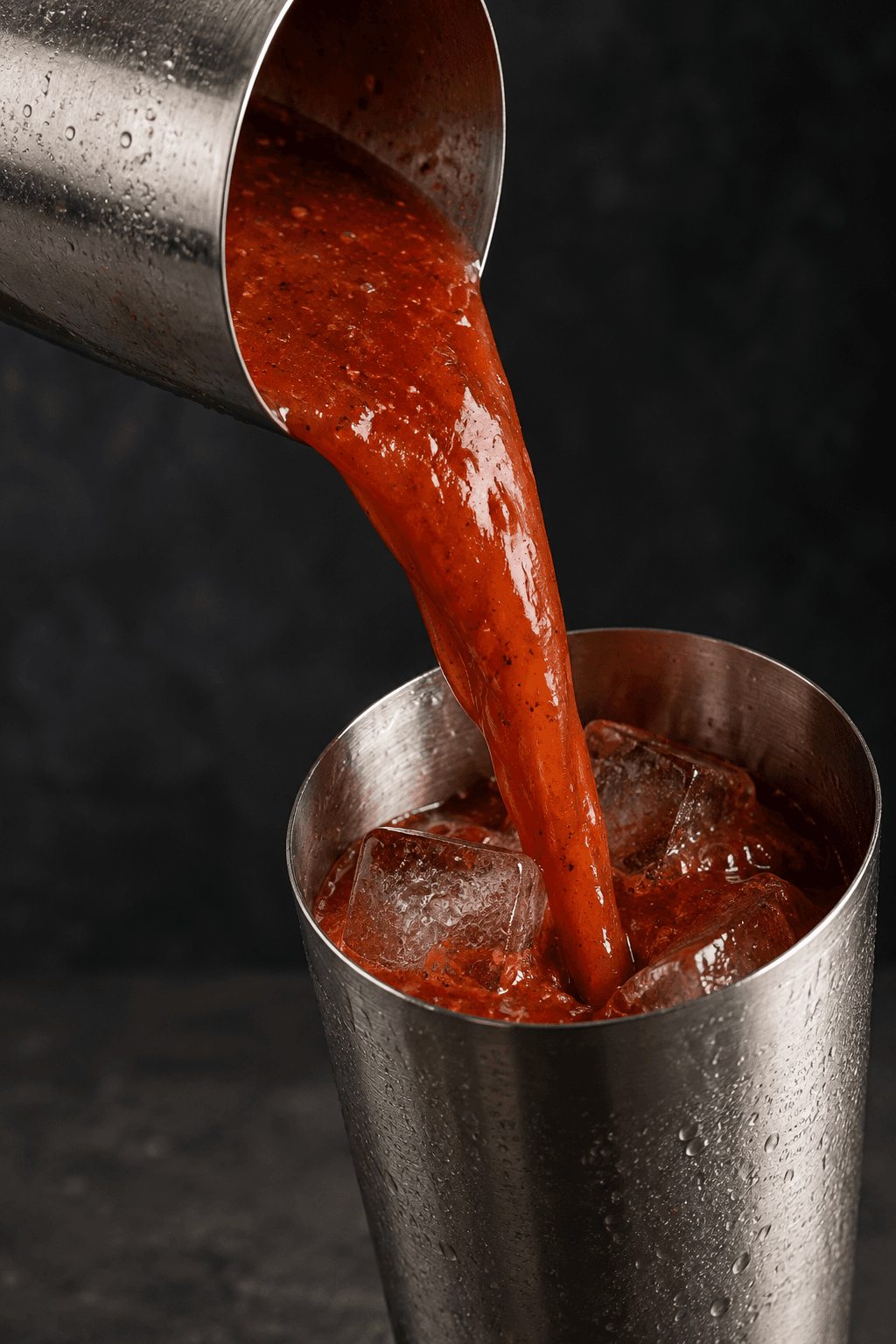 Krydret Bloody Mary rulles roligt mellem to mixing tins over store isterninger