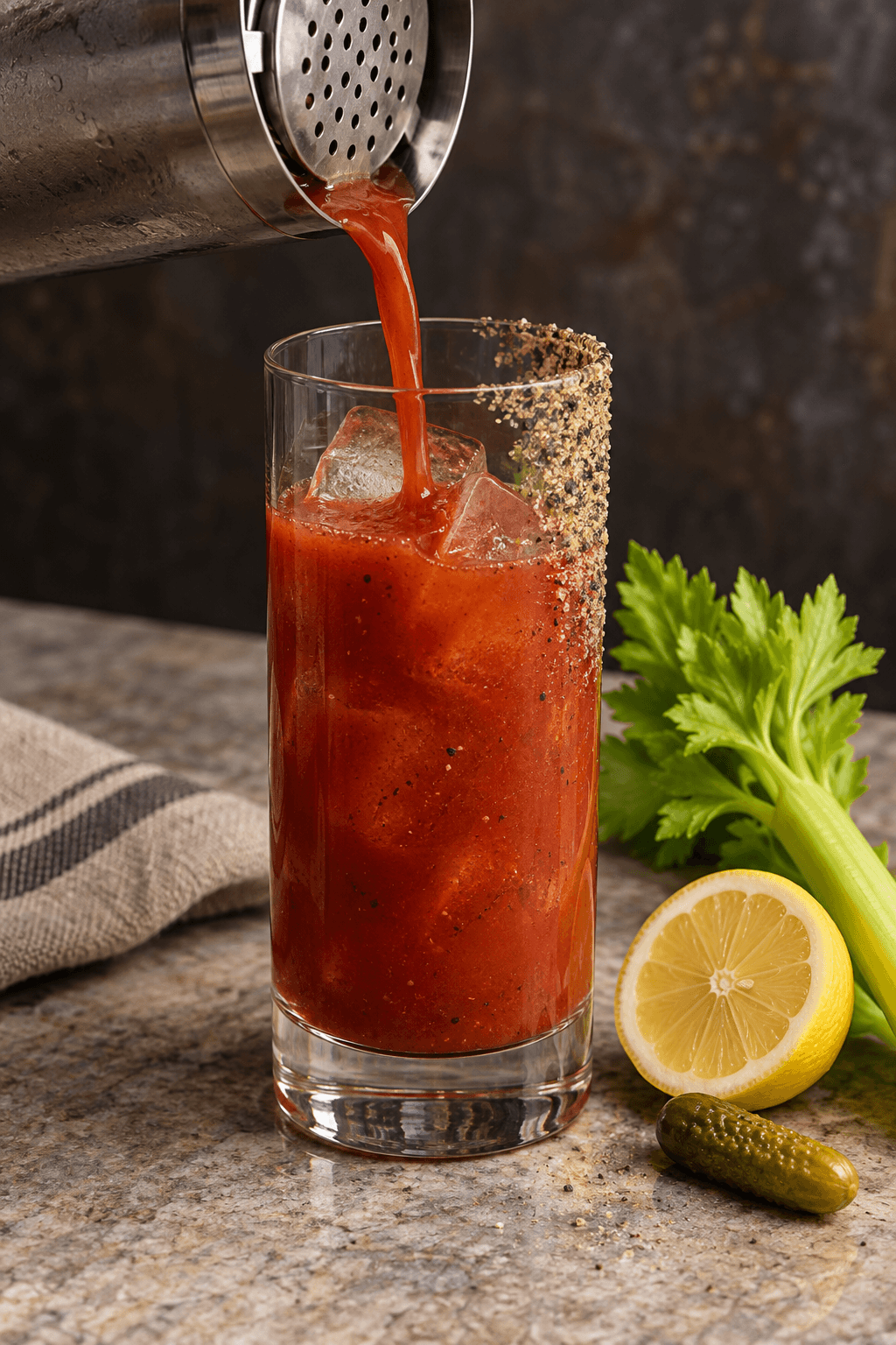 Dybrød Bloody Mary sies over frisk is i et glas med sellerisaltkant