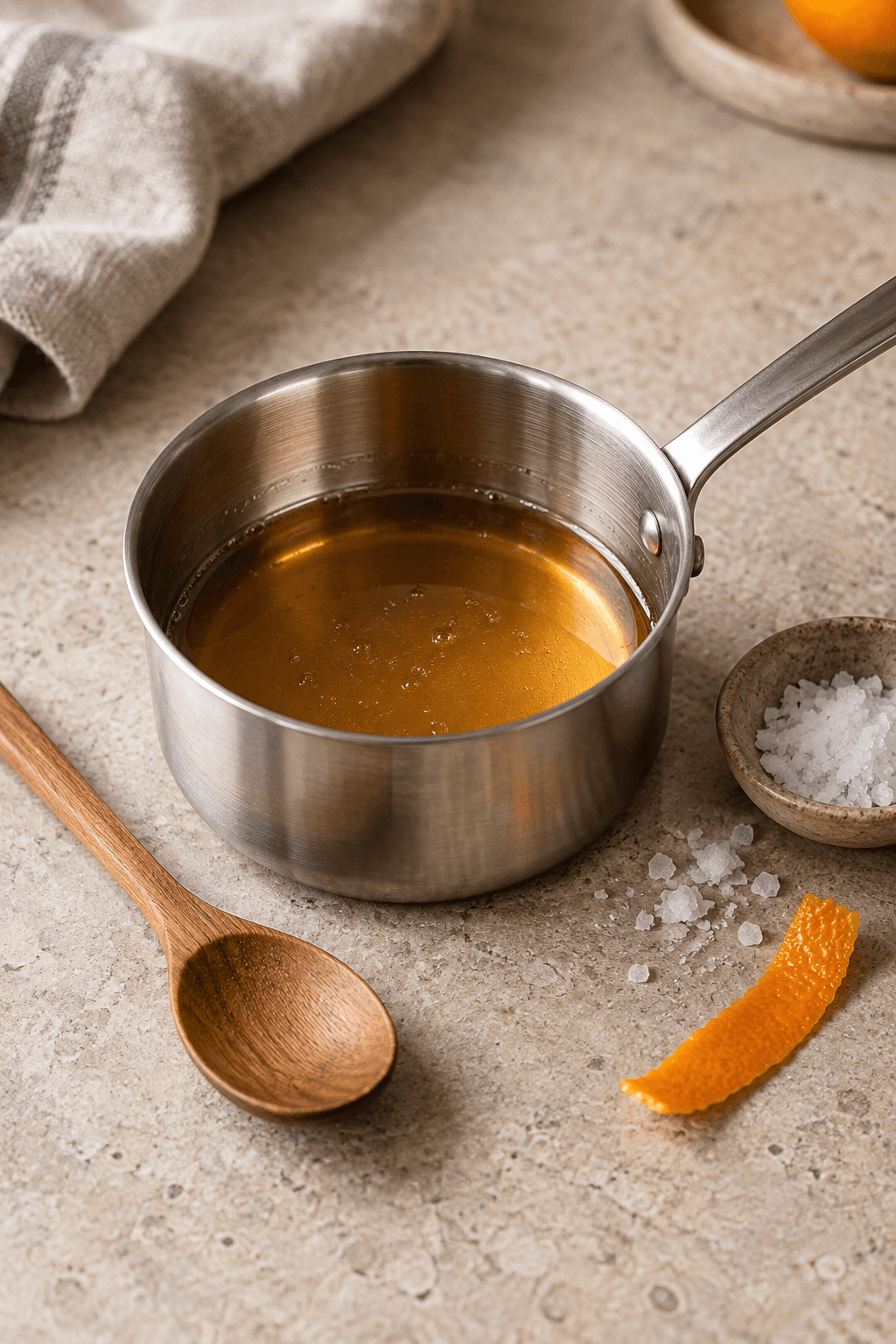 Lys saltet karamelsirup står i én lille gryde med appelsinskal ved siden af
