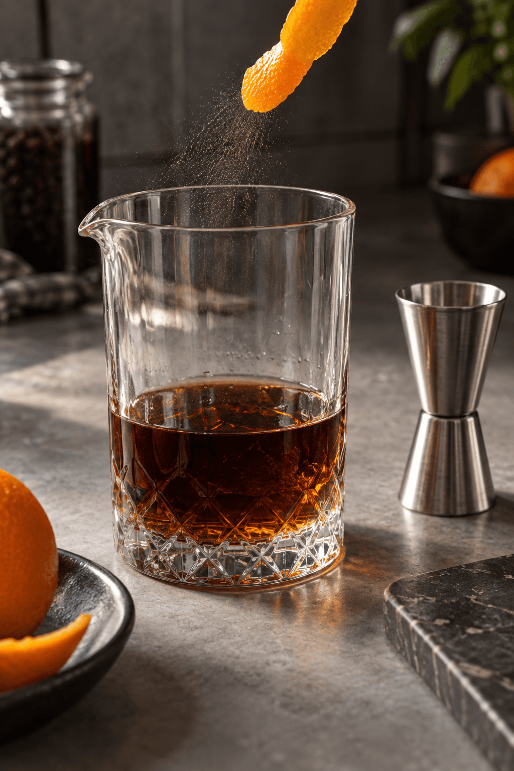 Kold kaffe og amaretto røres i ét mixingglas med frisk appelsinolie