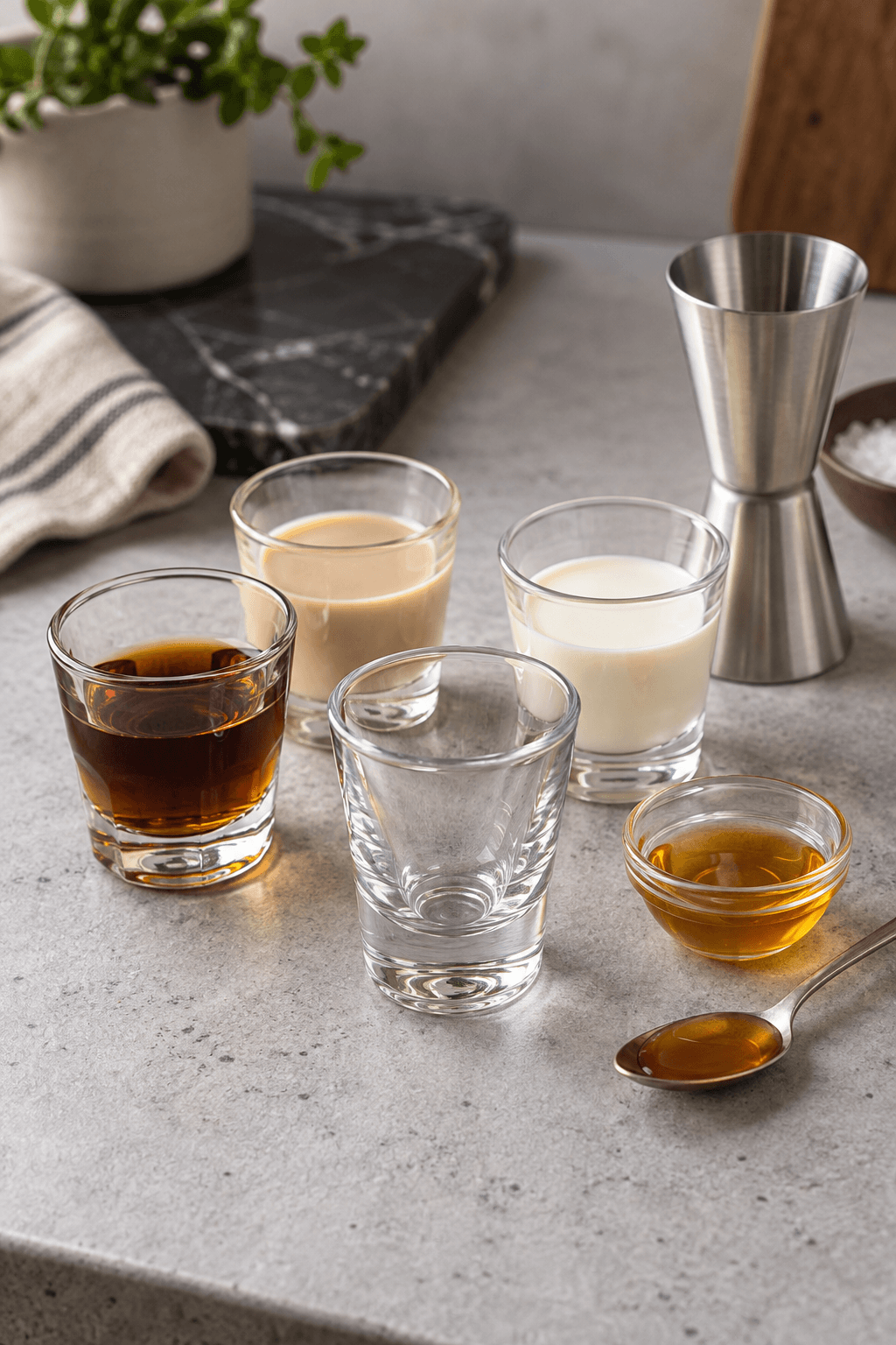 Kaffe-amaretto, flødelikør, fløde og karamelsirup står afmålt ved ét shotglas