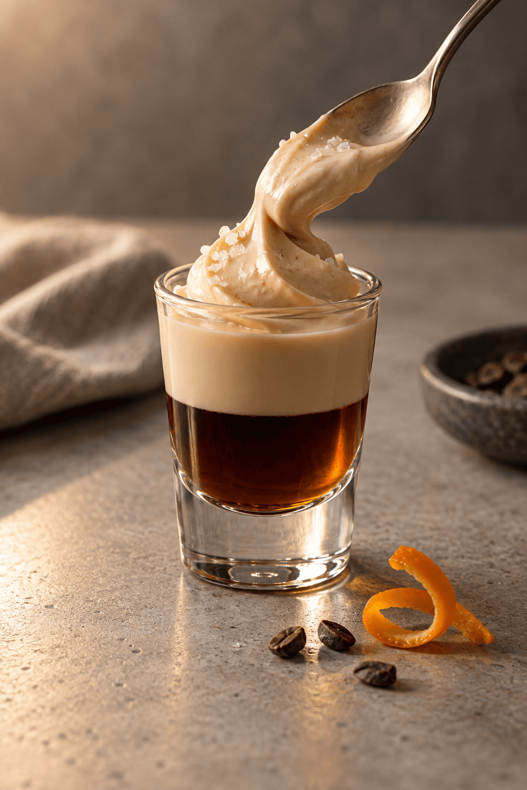 Saltet karamelfløde lægges forsigtigt på ét lagdelt dessert-shot