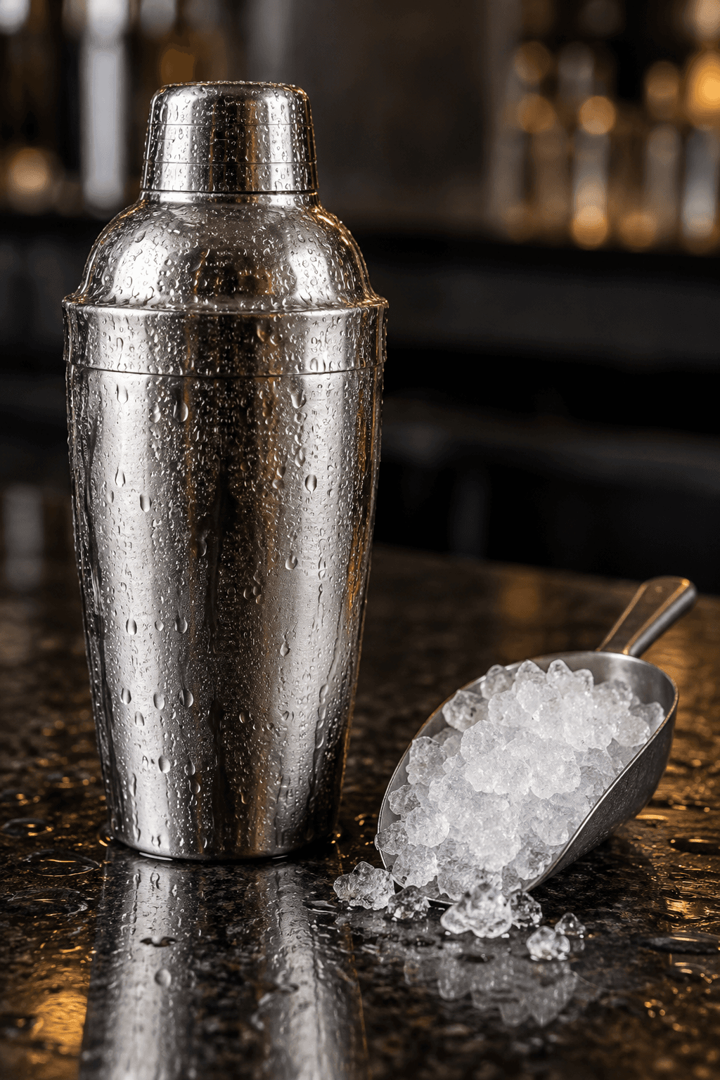 Én iskold lukket cocktailshaker med kondens og én skovl knust is