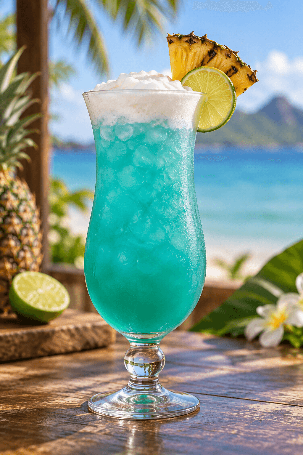 Én turkis cocktail med kokosskum, én grillet ananasbåd og én limeskive
