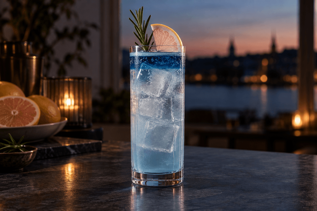Én Blue Moon med lys blå cocktail, mørkeblåt toplag, grapefrugt og rosmarin