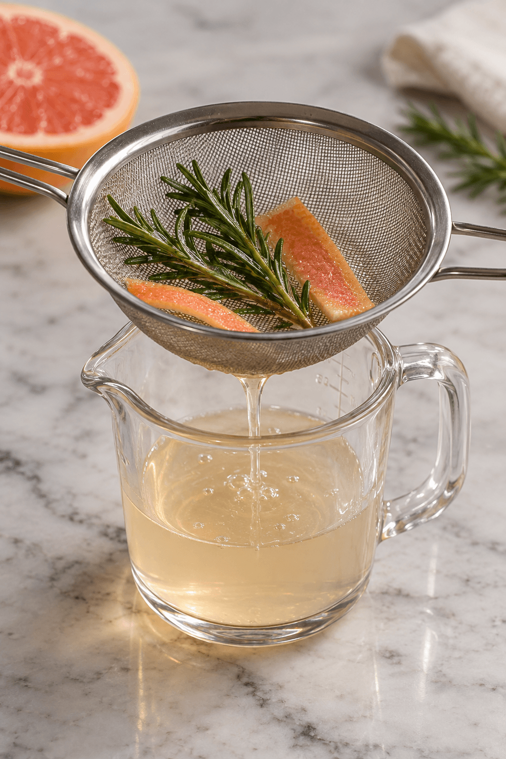 Én finmasket si med rosmarin og grapefrugtskal over ét målebæger med lys cordial