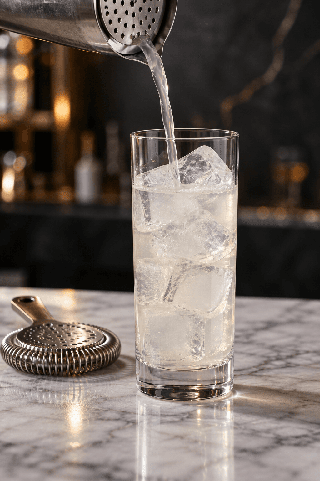 Lys cocktailbase siet fra én shaker over store isterninger i ét highballglas