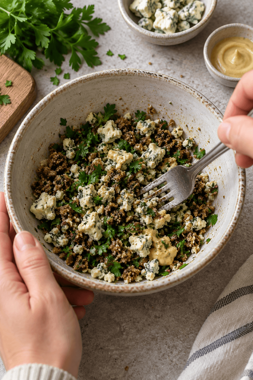 Blåskimmelost, rugbrødskrummer, persille og dijonsennep blandes groft