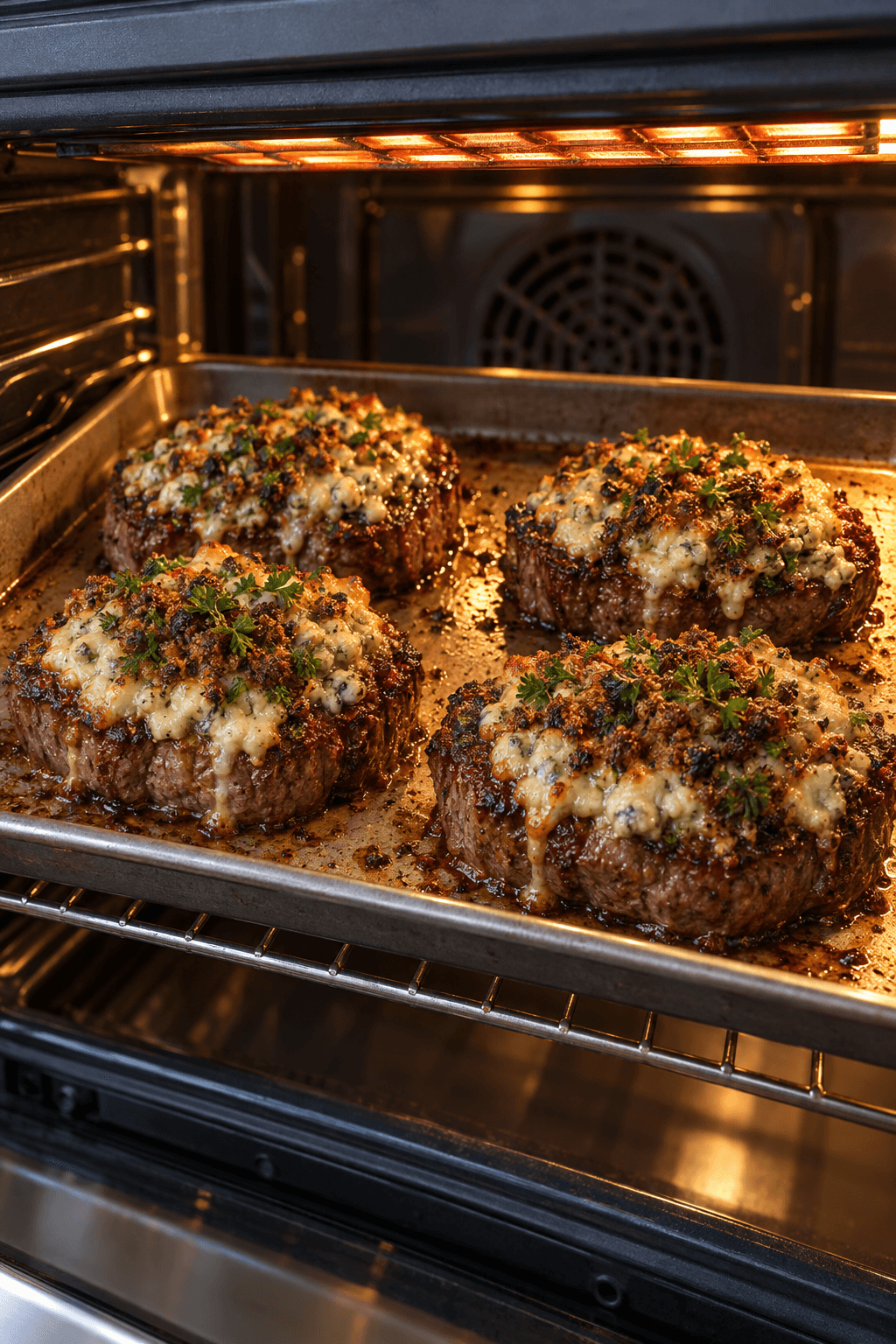 Fire bøffer med skimmelost og rugbrød gratineres gyldne under ovnens grill