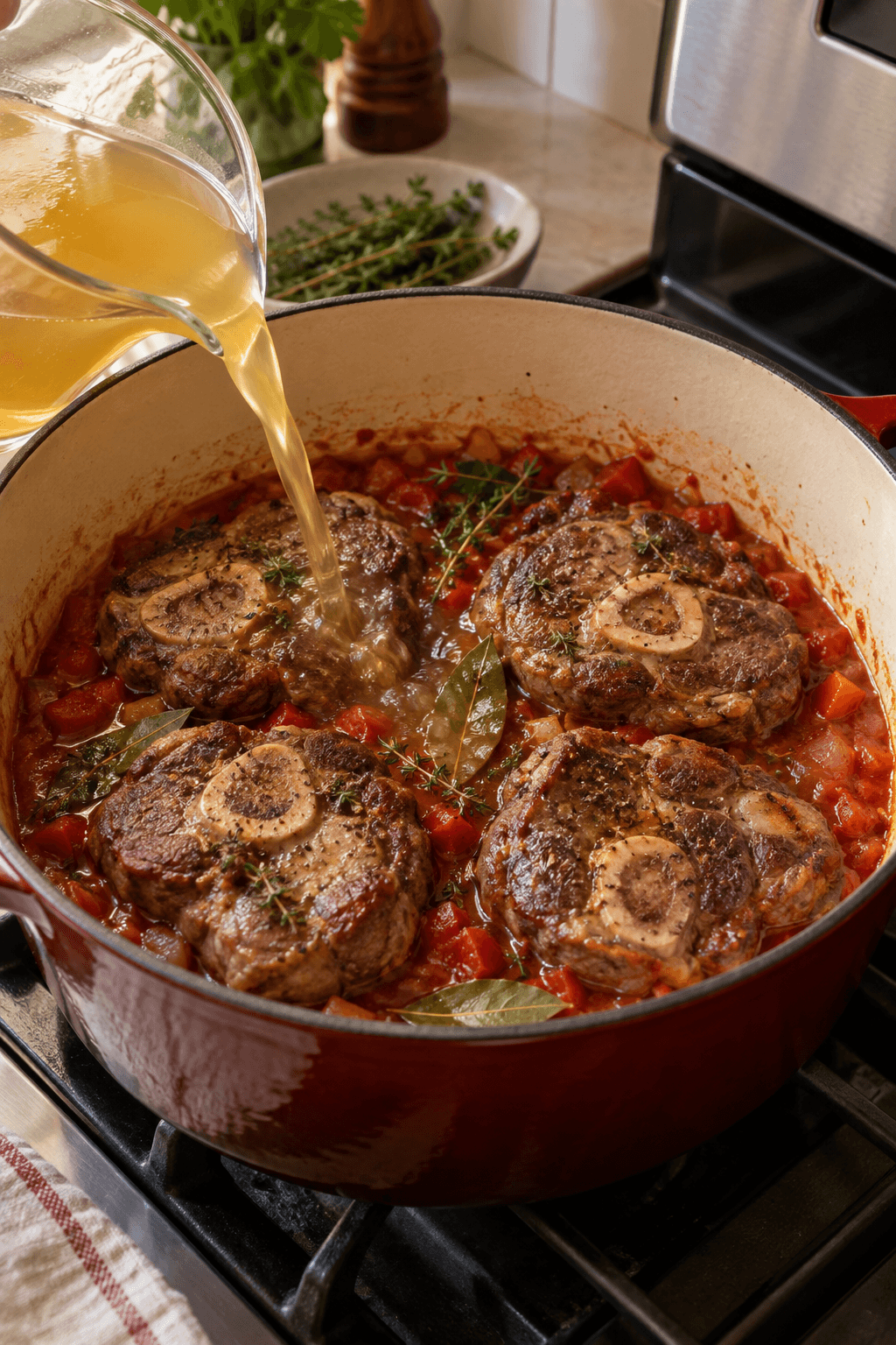 Fire brunede lammehalsskiver dækkes halvt med bouillon i peber-tomatsauce