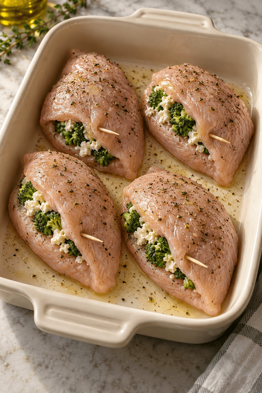 Fire rå kalkunlommer med broccolifyld og én tandstik i hver