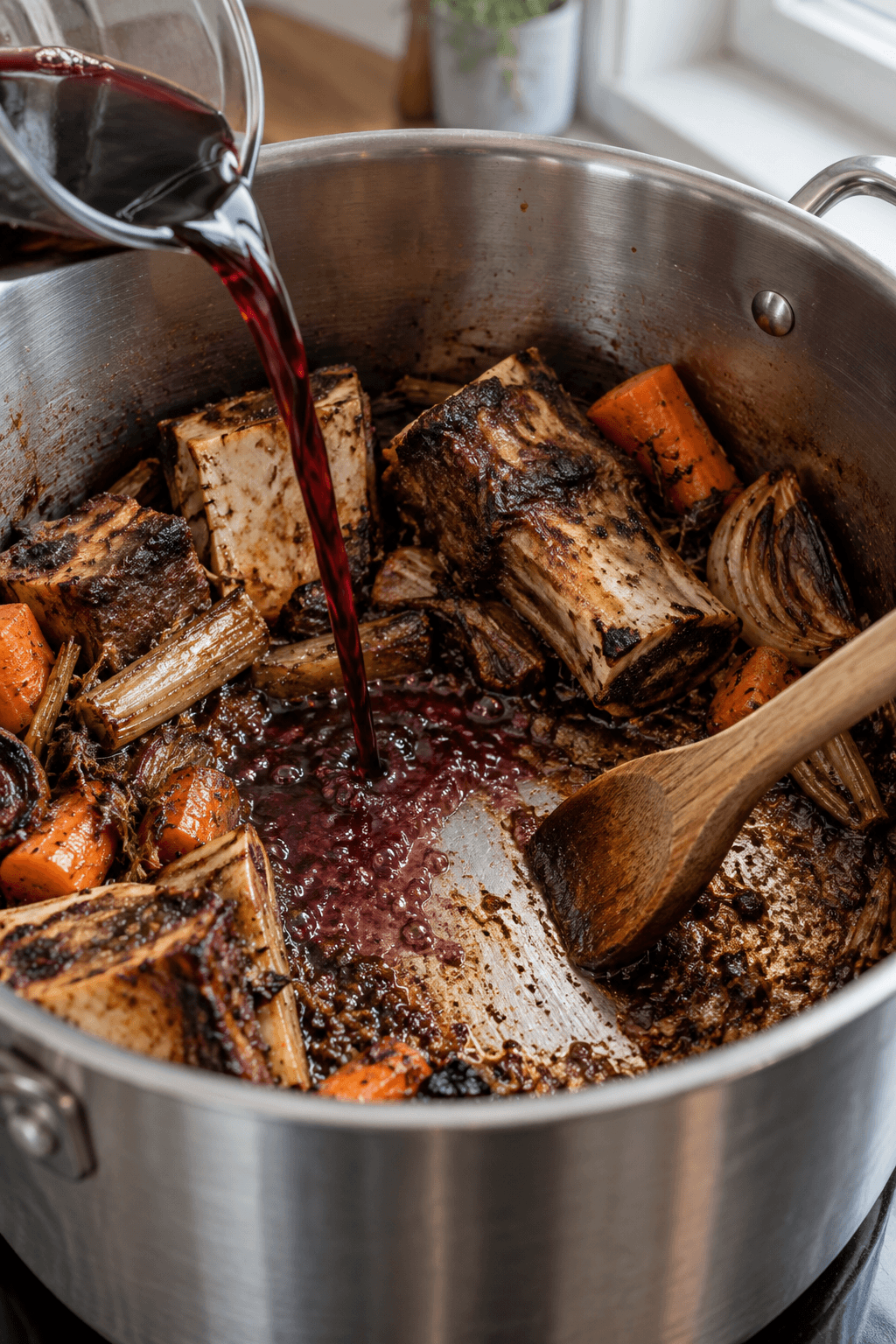 Rødvin løsner den brune fond under ristede okseben og rodfrugter i gryden