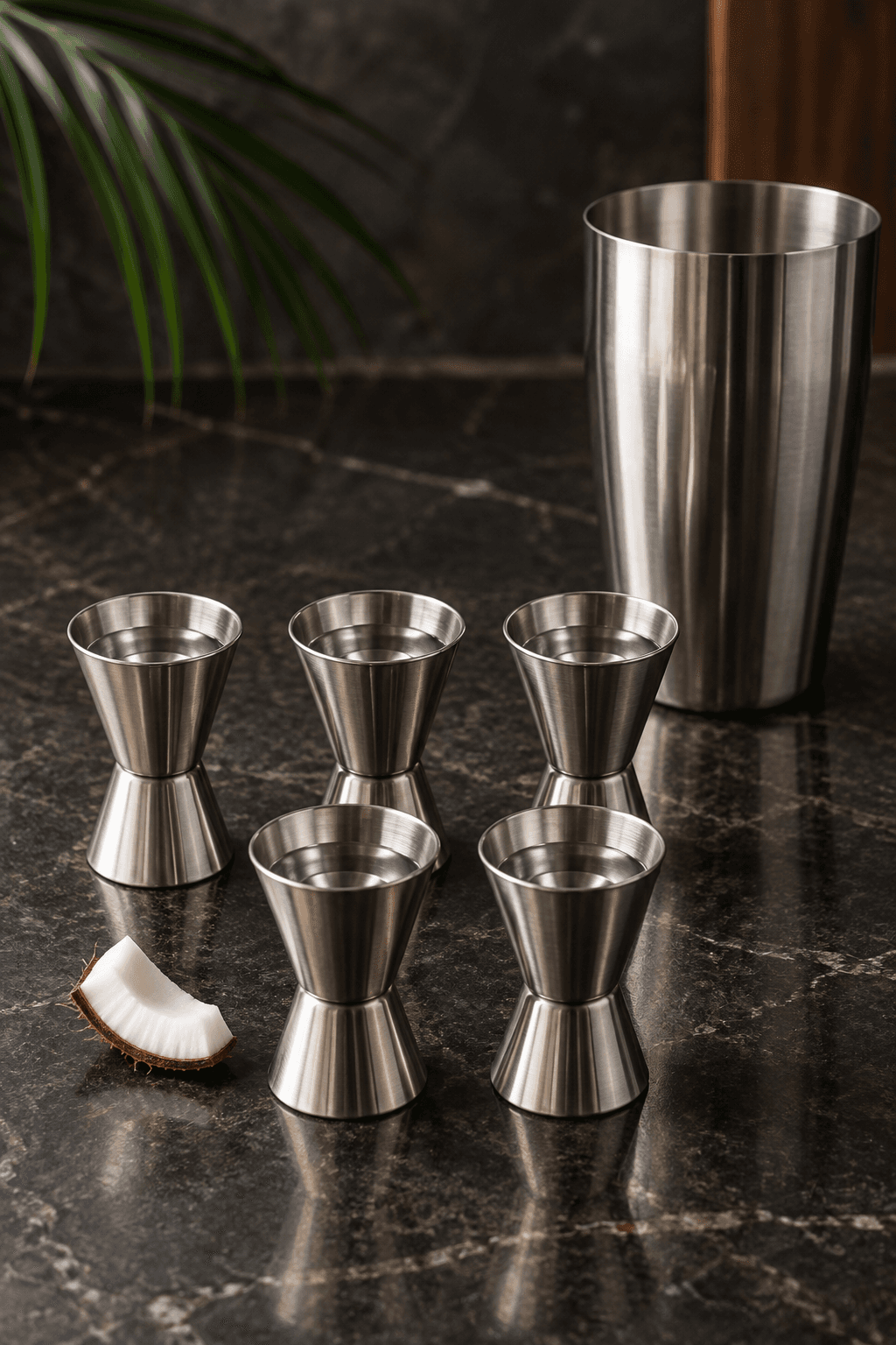 Fem små spiritusportioner målt i jiggers ved en tom cocktailshaker