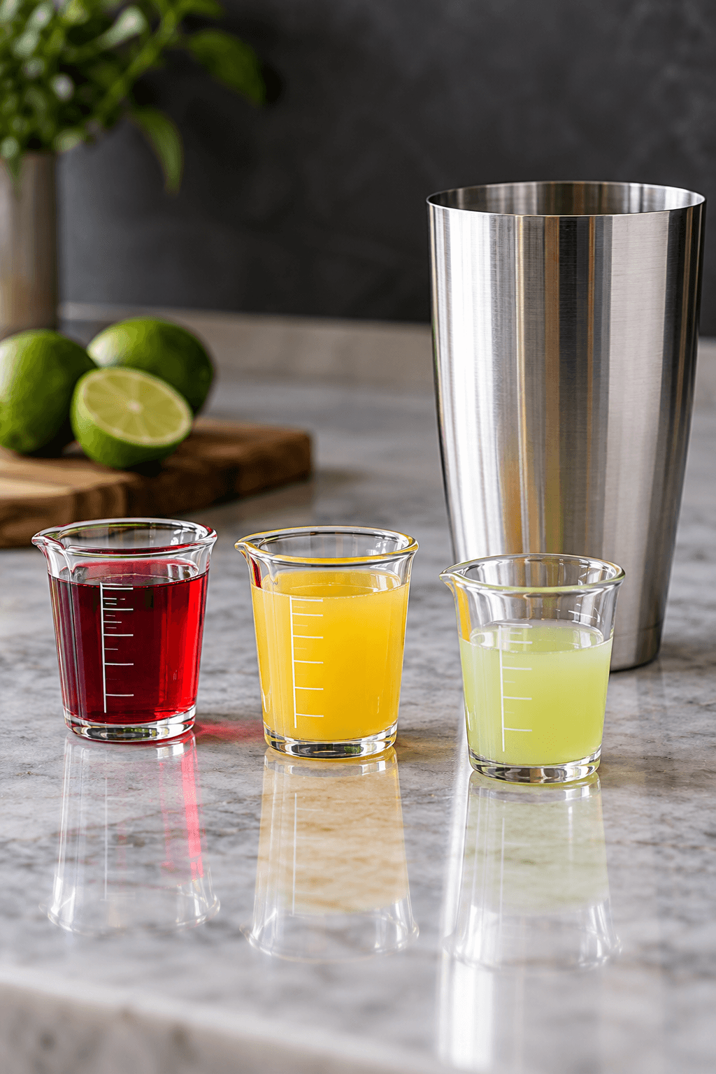 Tranebærdrik, ananasjuice og limesaft målt separat ved en shaker