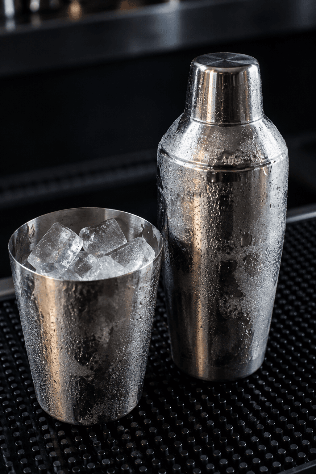 Dugget cocktailshaker og store isterninger under nedkøling