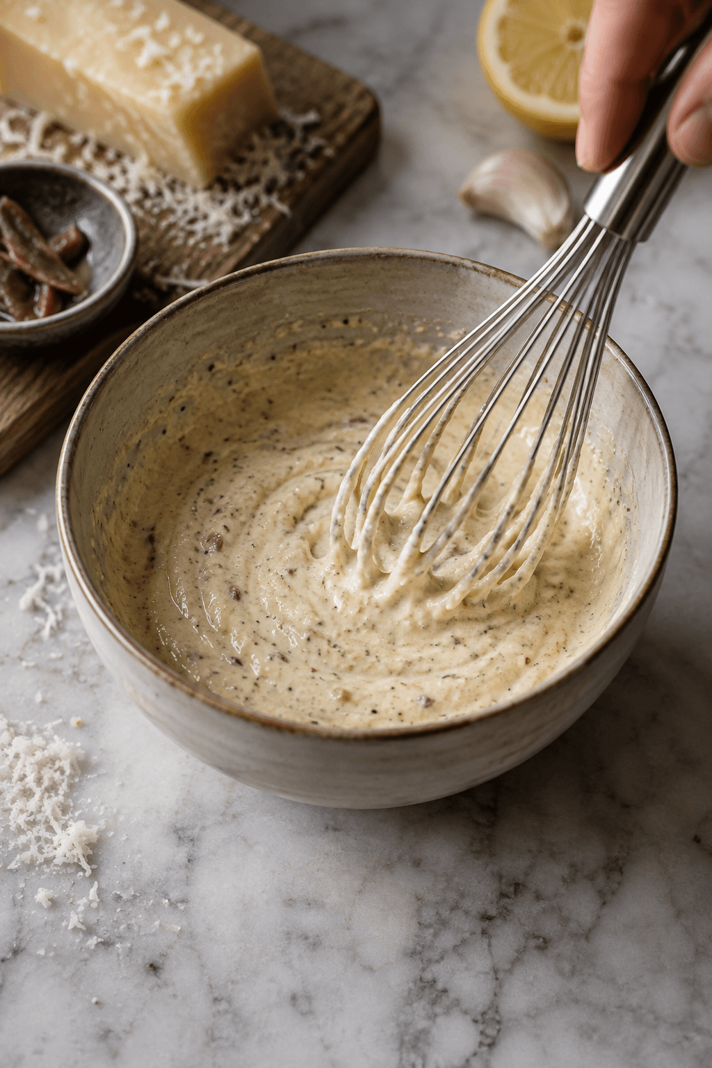 Lys hjemmerørt Caesar-dressing med parmesan og ansjos i én lille skål