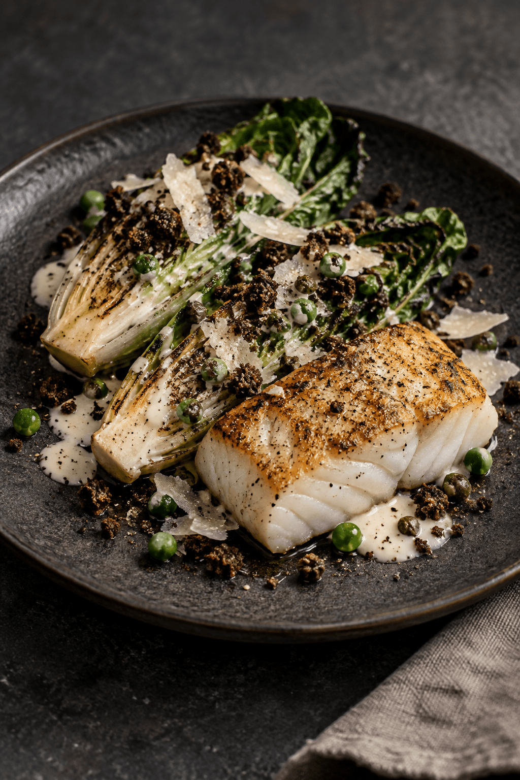 Én tallerken med sprød torsk, to grillede hjertesalater, Caesar-dressing og rugkrumme