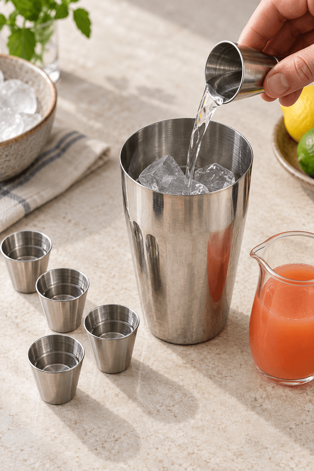 Fem små spiritusmål hældes præcist i en isfyldt cocktailshaker