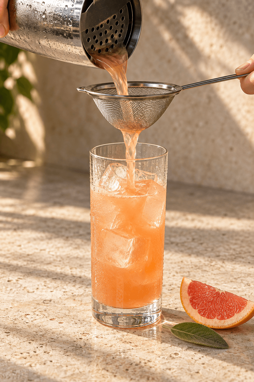 Koralfarvet California Iced Tea dobbelt-sies over frisk is i ét highballglas